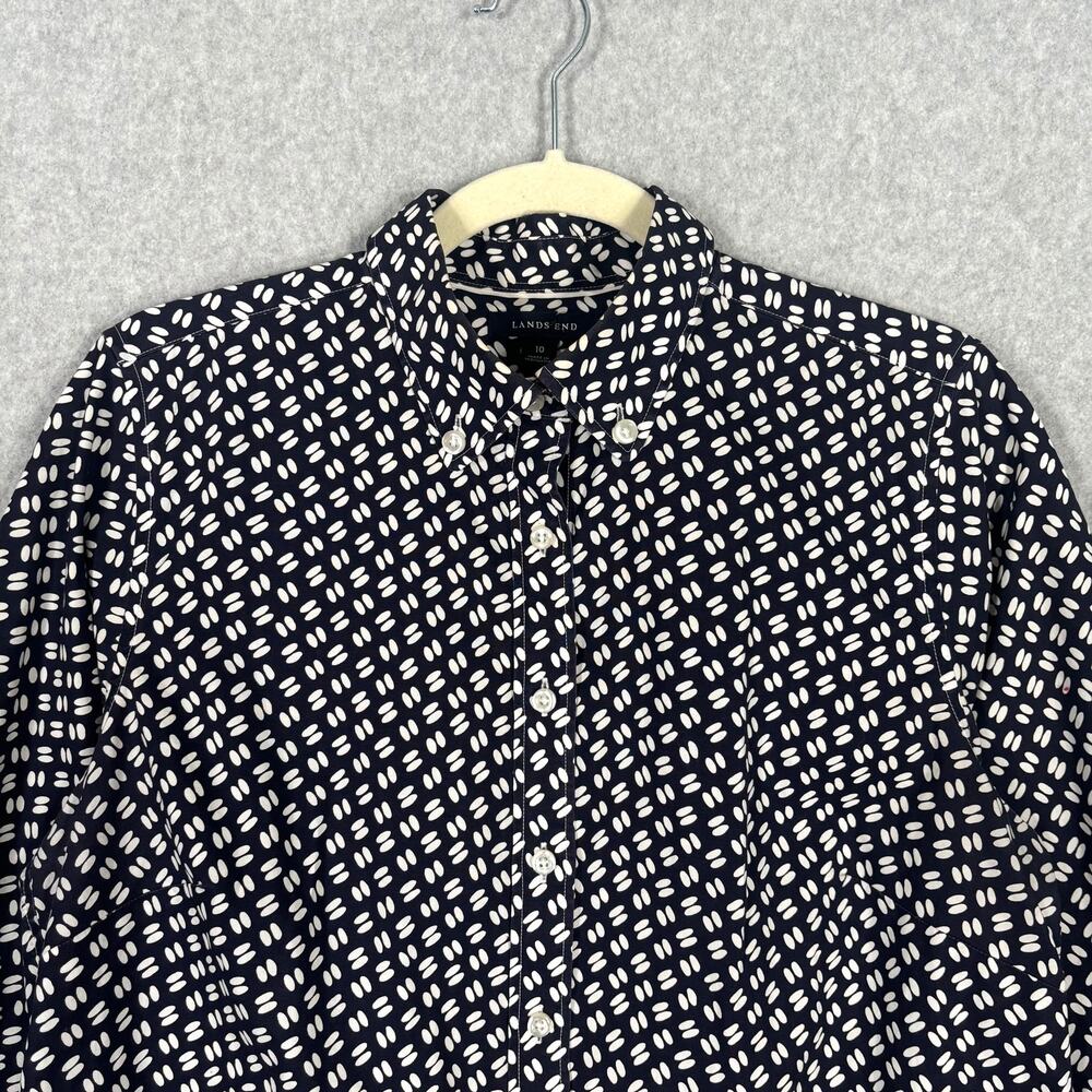 Lands End Shirt 10 Navy White Button Cotton‎ Stretch Sailor Career Office Casual